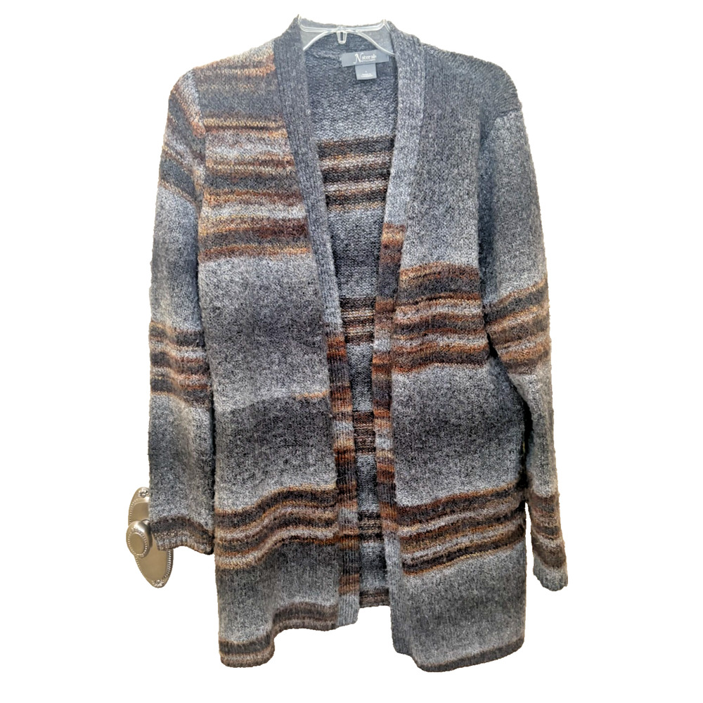 Natural Reflections Grey Brown Neutral Striped Open Cardigan Sweater, Women's L